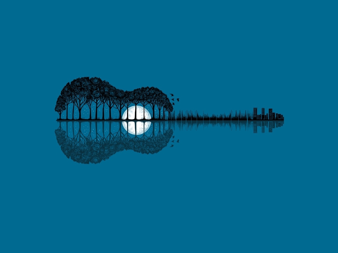 Image: Guitar, trees, moon, reflection, birds, buildings, houses, blue background