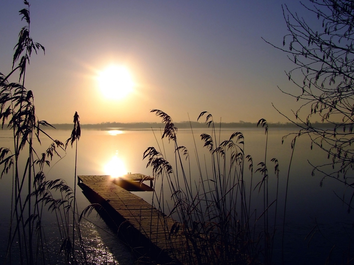 Image: Sun, sunset, lake, grass, reeds, sky, skyline, bridge