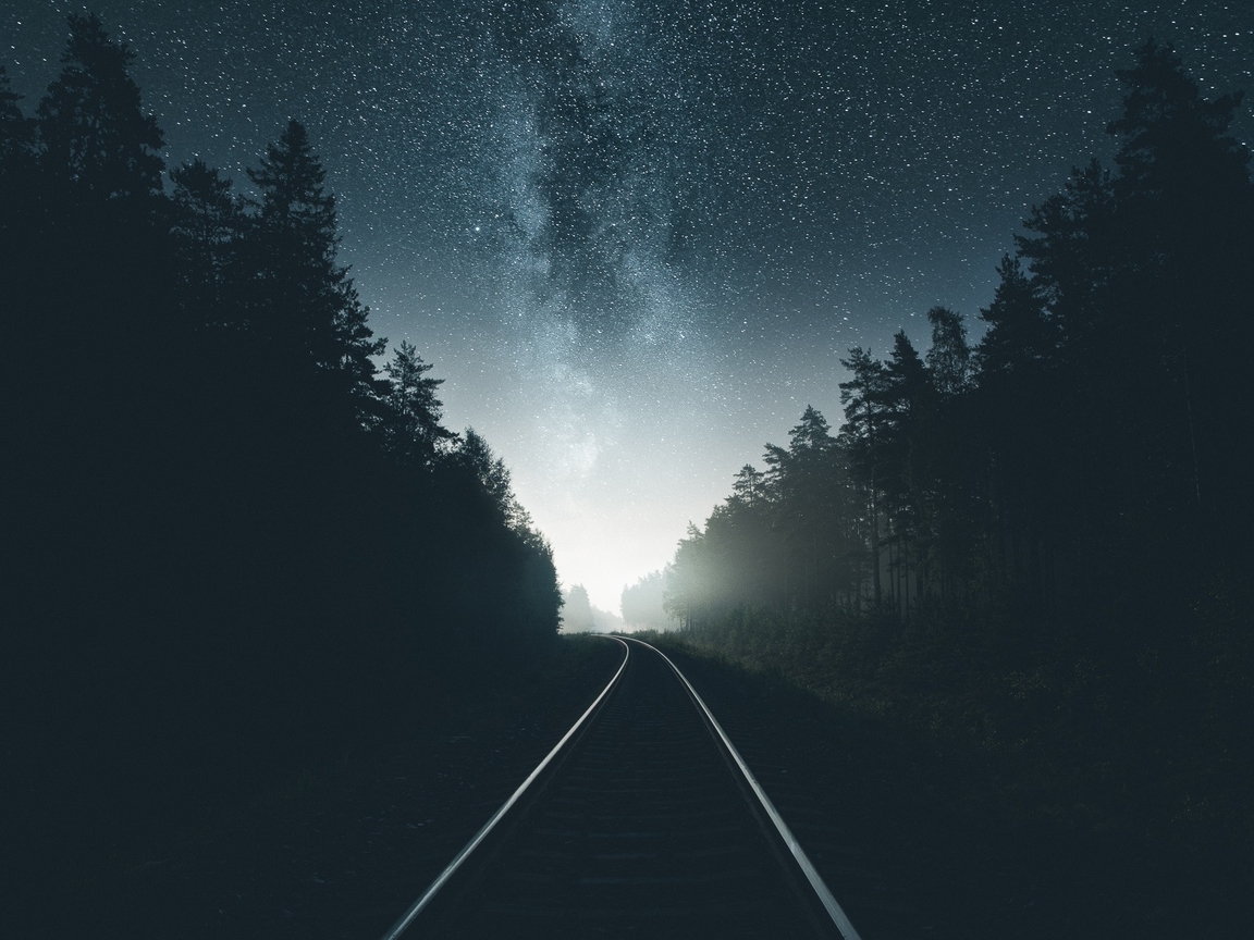 Image: Night, railroad, sky, stars, milky way, light, forest