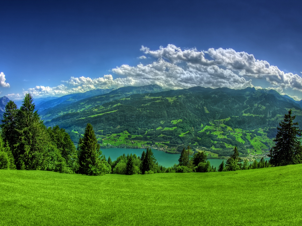 Image: water, clouds, mountains, sky, field, trees, nature