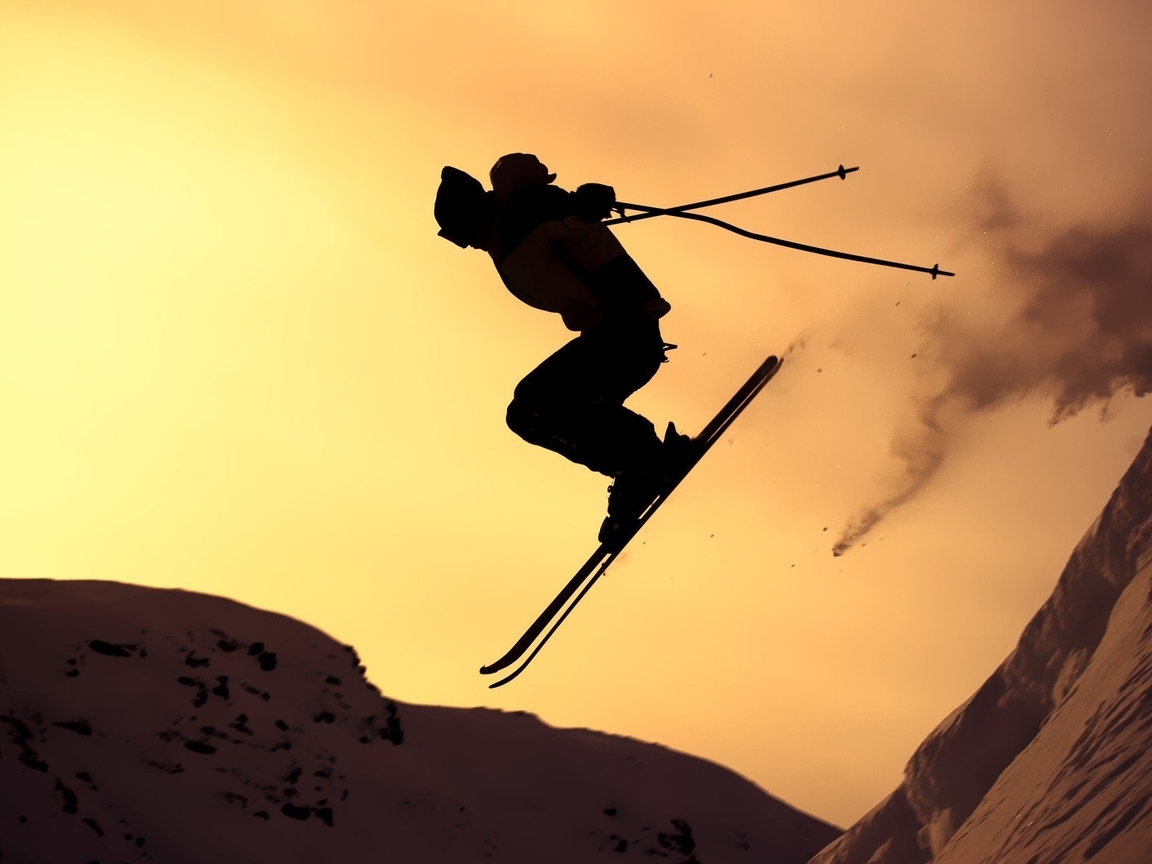 Image: Guy, jump, skiing, mountains, slope, extreme, sunset