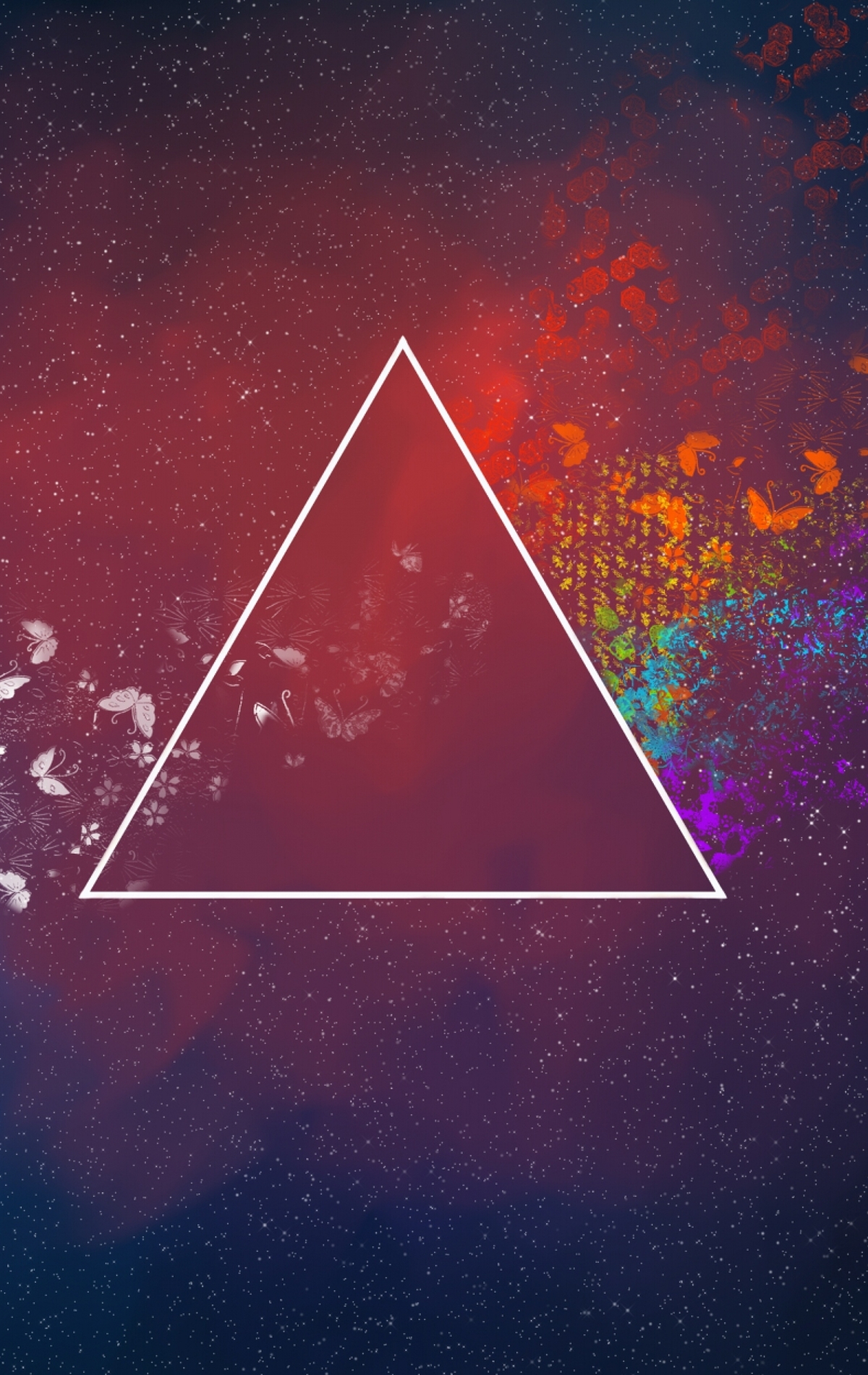 Картинка: Треугольник, углы, бабочки, цветочки, звёзды, краски