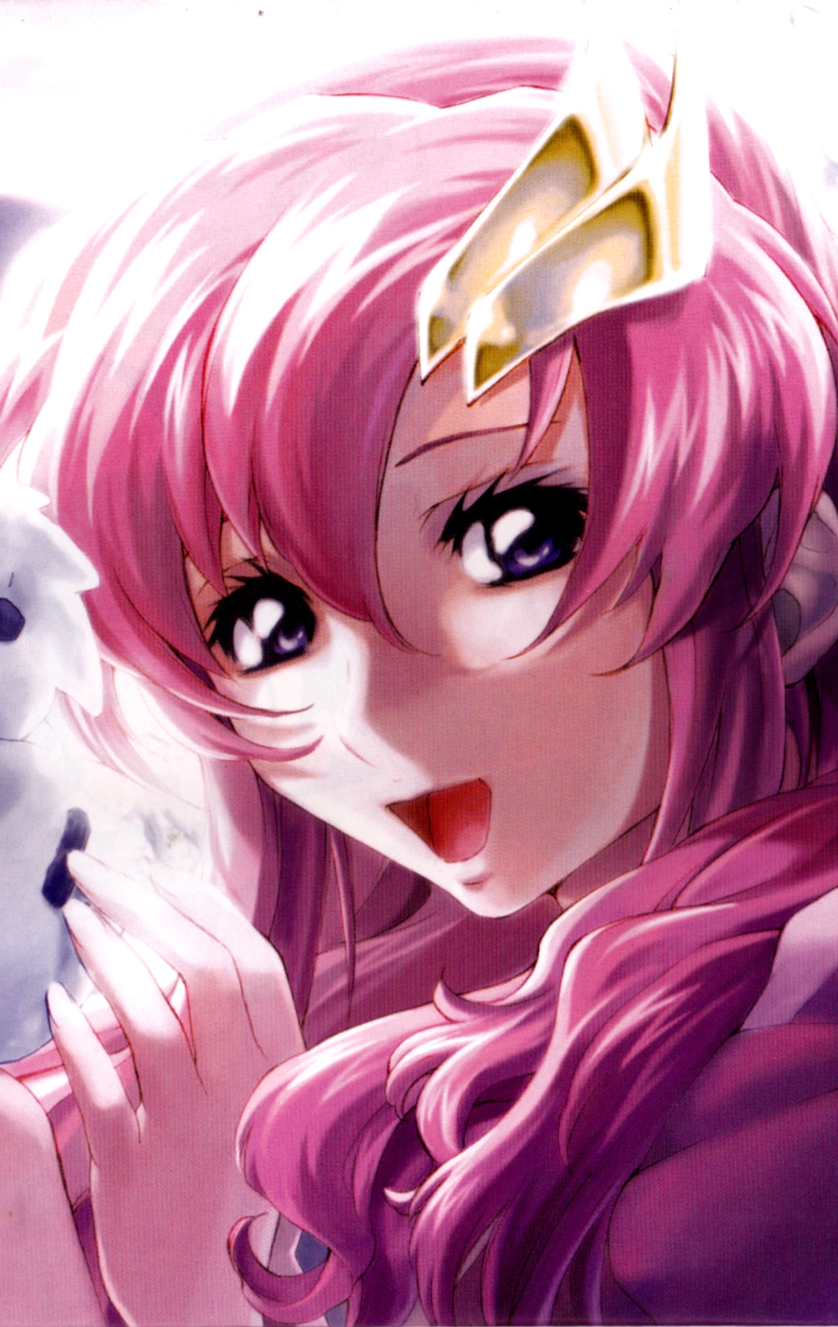 Картинка: Девушка, розовые волосы, улыбка, лицо, глаза, настроение, снеговик, деревья, зима