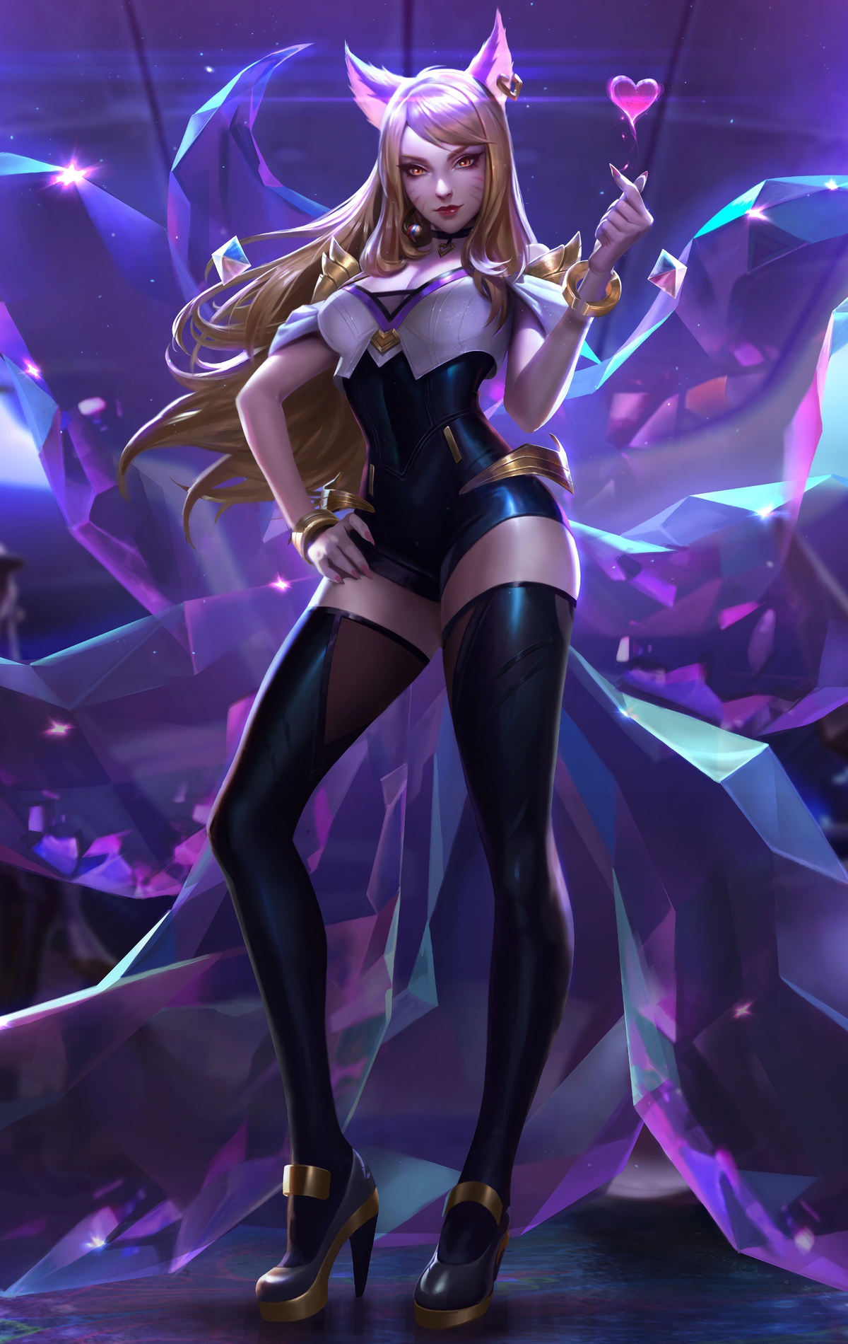Image: KDA, League of Legends, Ahri, tails, clicking, heart, posture