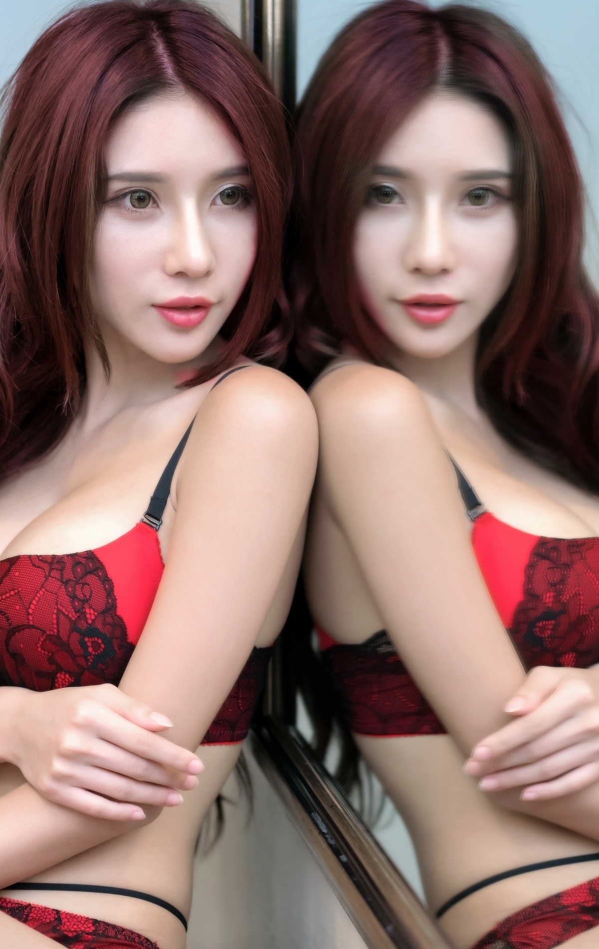 Image: Asian, girl, posing, mirror, reflection, look, breast, bra