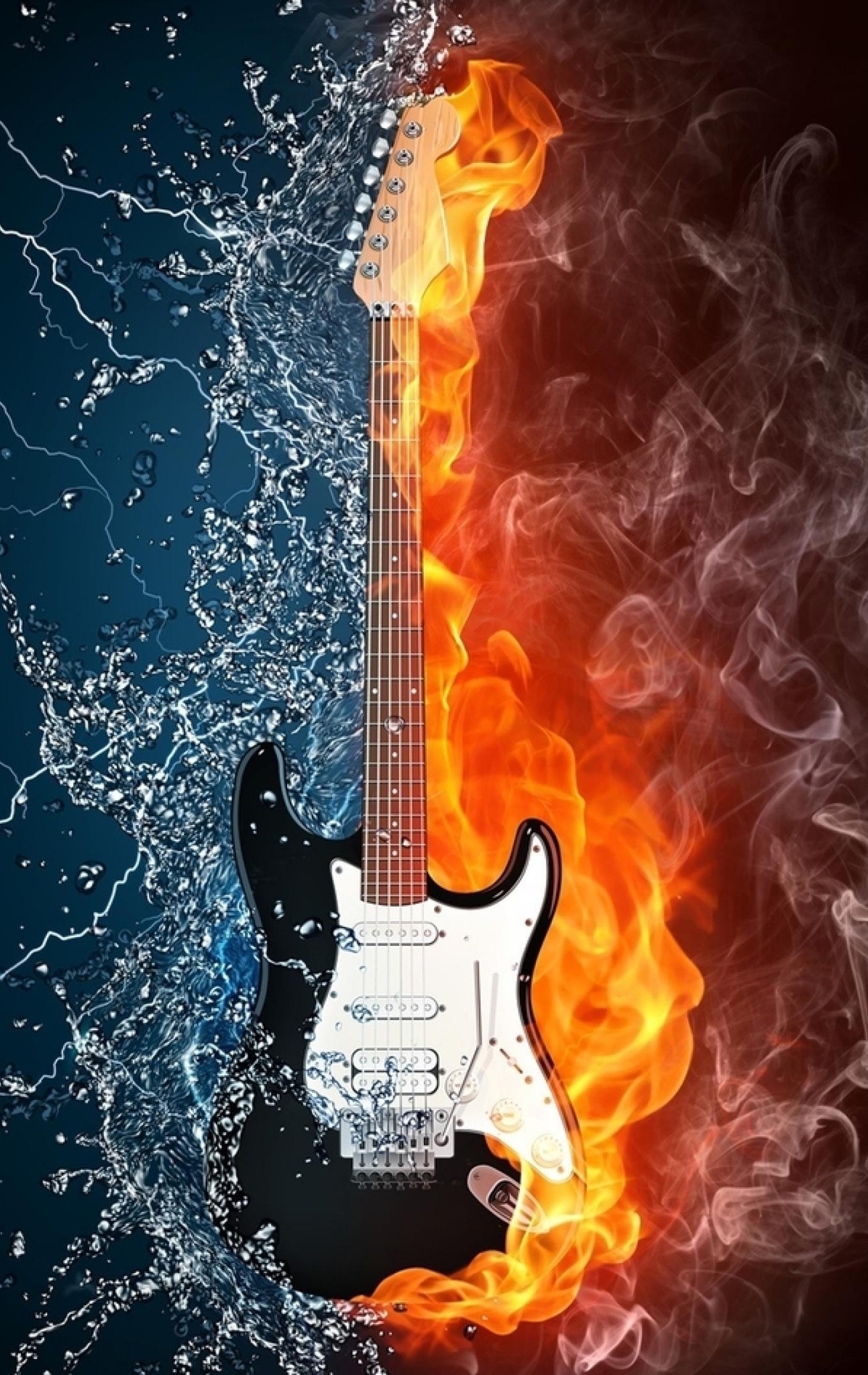Image: Guitar, fire, flame, water, lightning, splashes, smoke