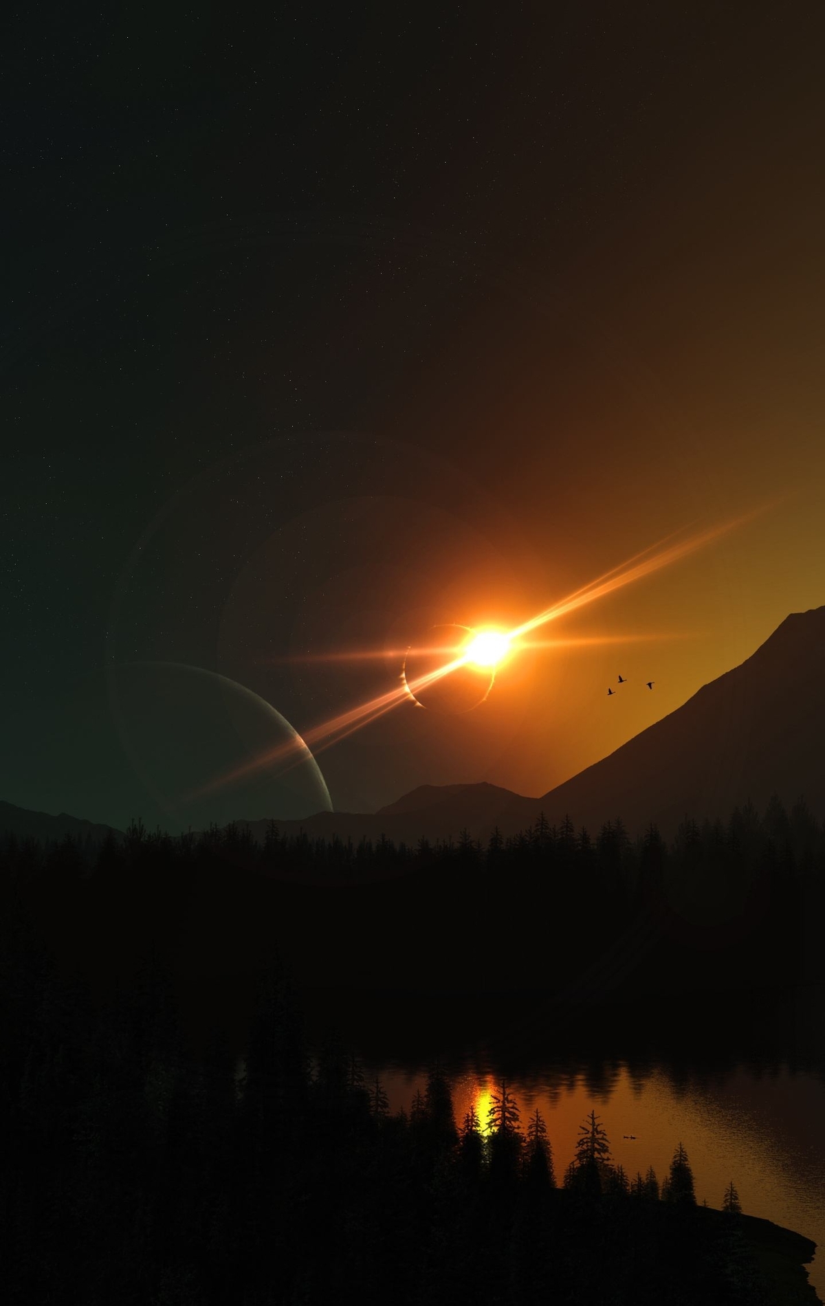 Картинка: Пейзаж, явление, солнечное затмение, темень, планеты, горы, лес, озеро, лодка, люди