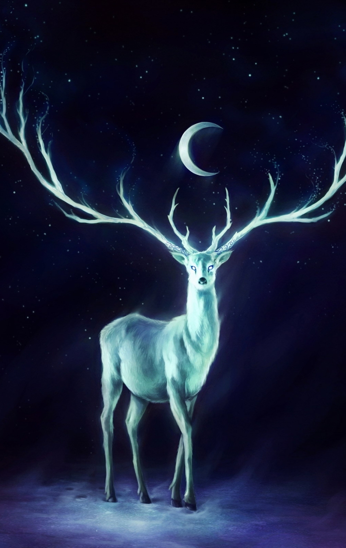 Image: Lights, animal, deer, horns, moon, sky, stars, night