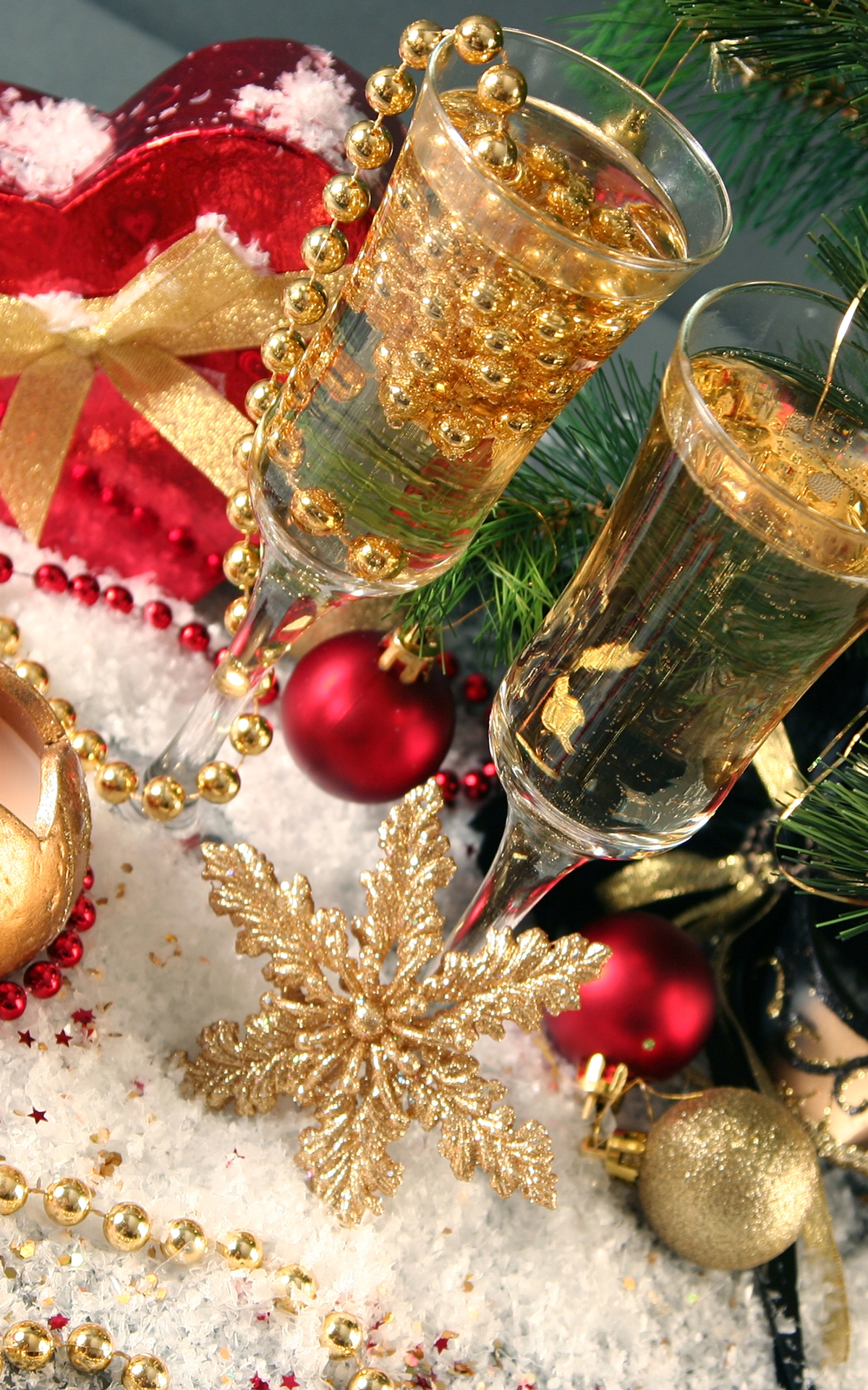 Image: New year, Christmas, holiday, wine glasses, beads, snowflakes, candle, toys, mask, branches, fir-tree, heart, gift, box