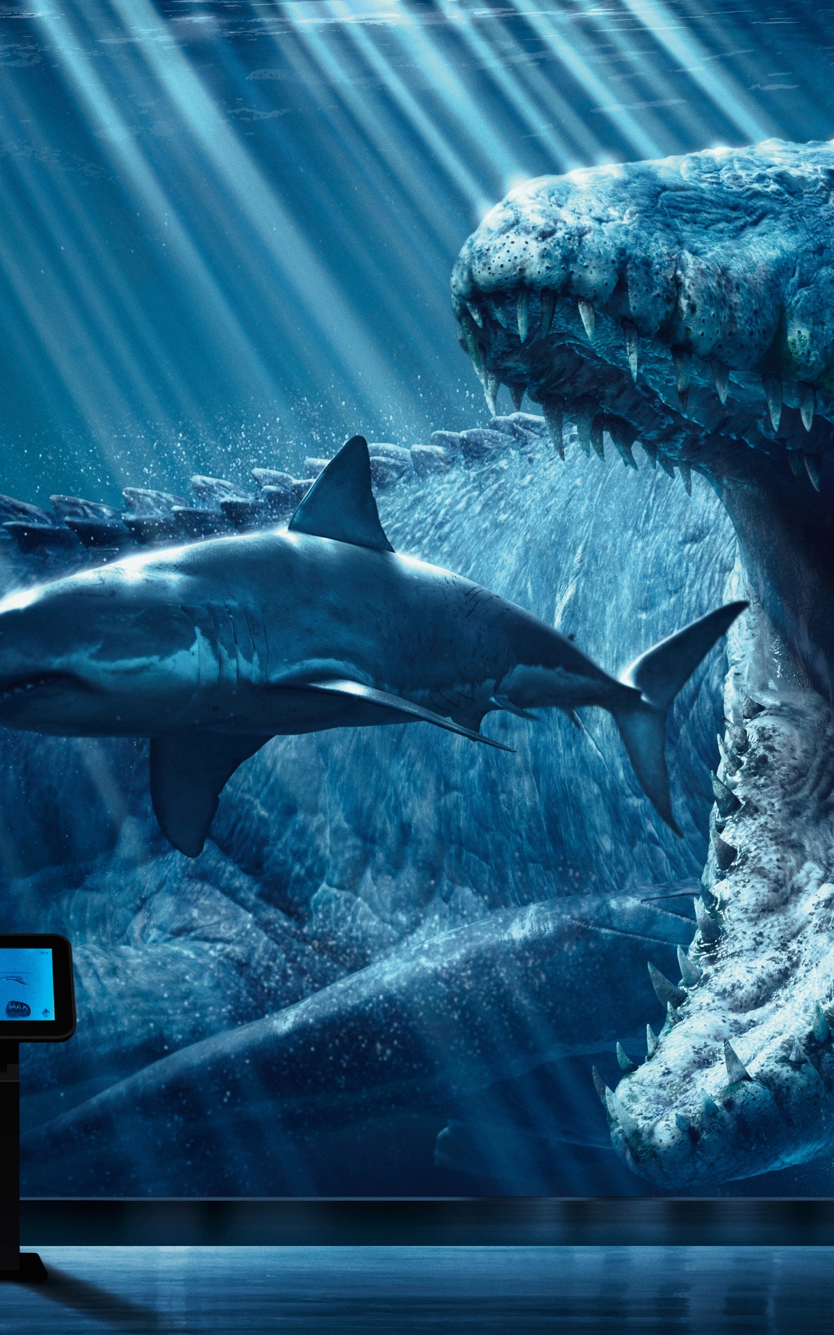 Image: Aquarium, dinosaur, shark, boy, information desk, hunting, predator, Mosasaur, Jurassic World, the movie