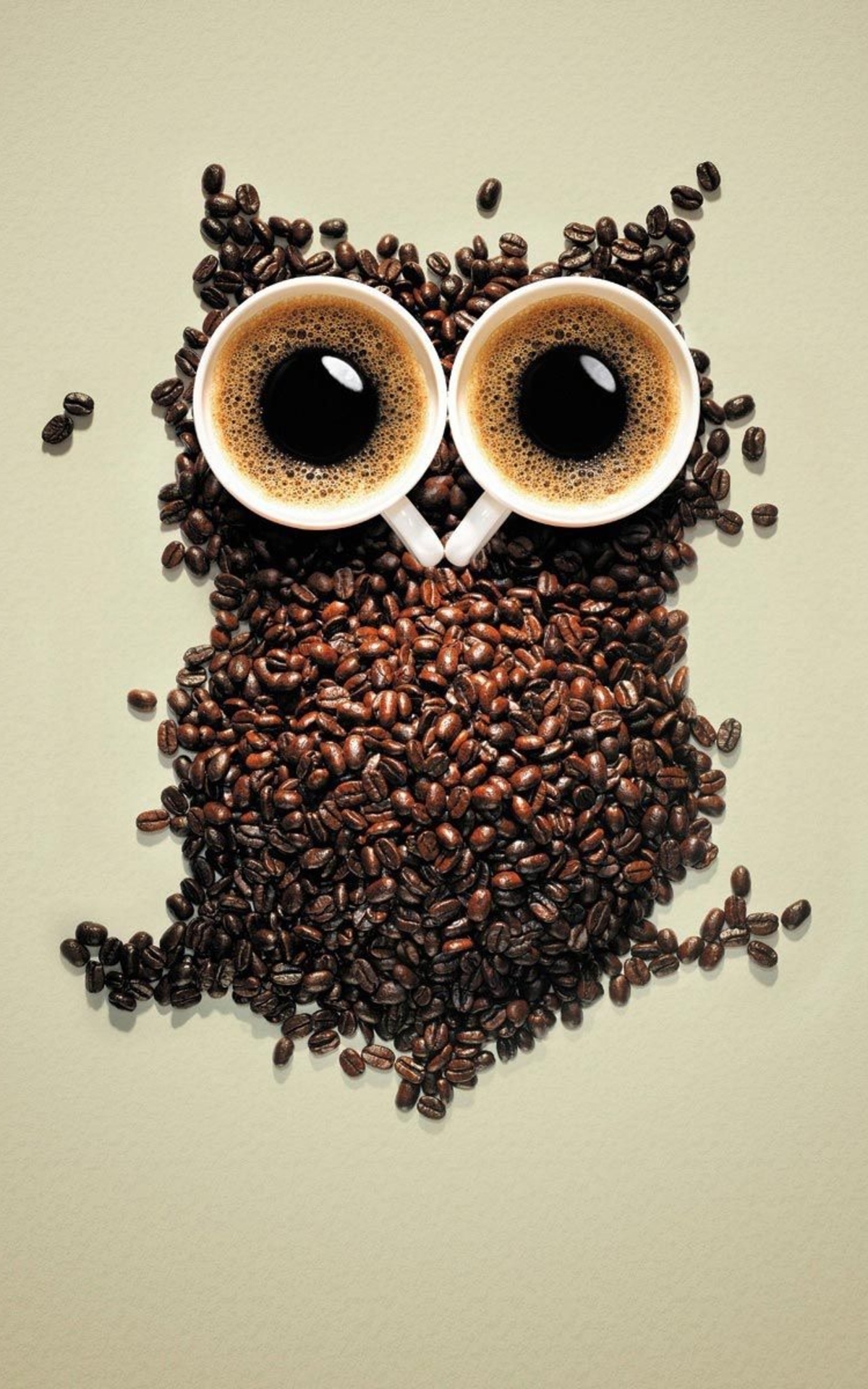 Картинка: Сова, кофе, зёрна, кружки, глаза, зрачки