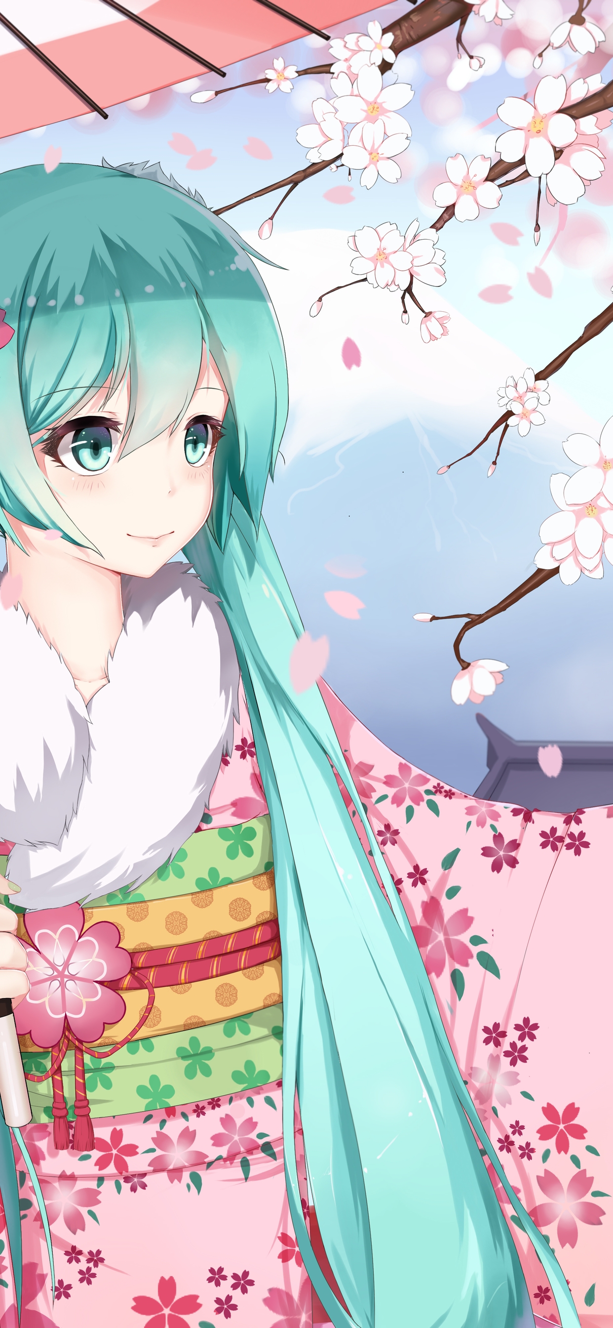 Image: Girl, Hatsune Miku, blooming, Sakura, petals, kimono, hair, umbrella, vocaloid