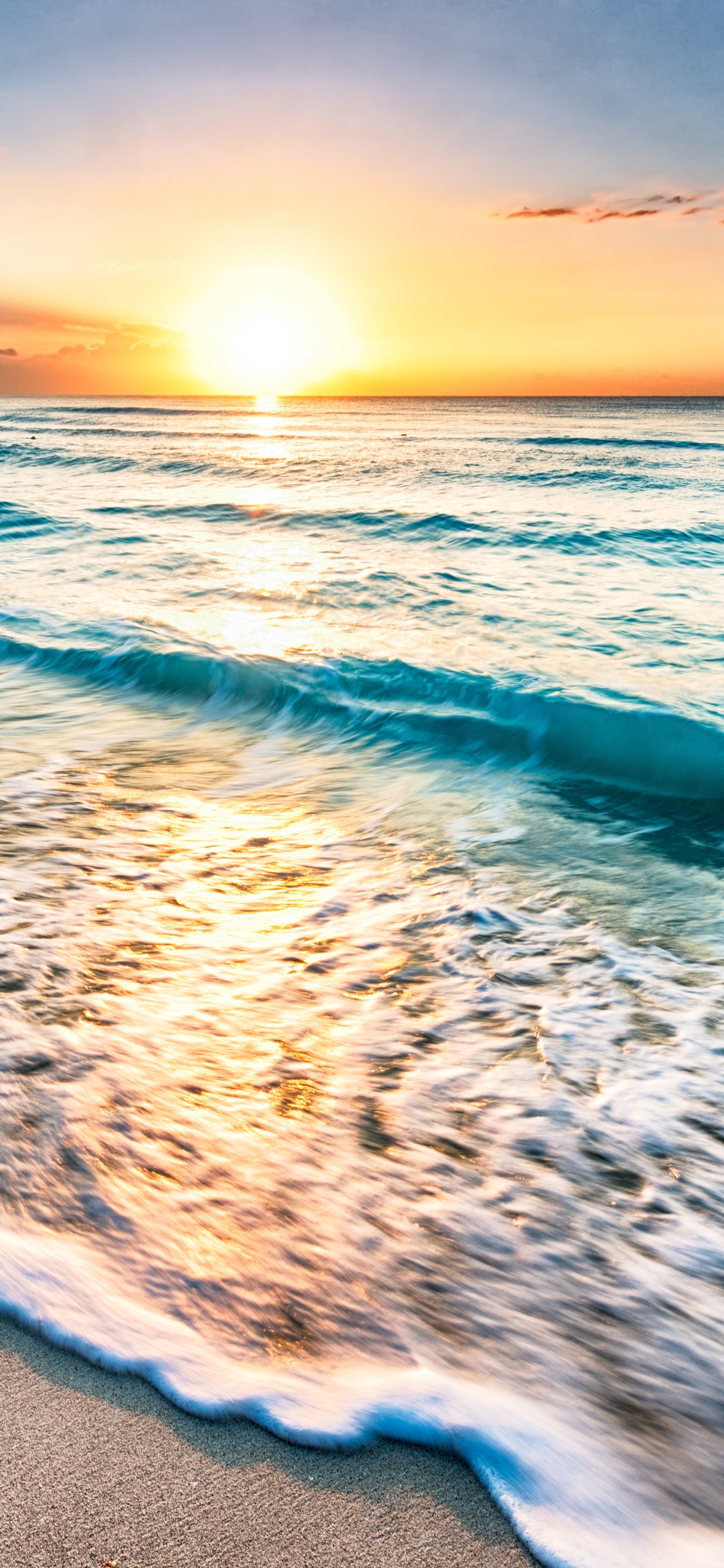 Картинка: Вода, море, океан, волны, пена, суша, песок, небо, закат, горизонт, пейзаж