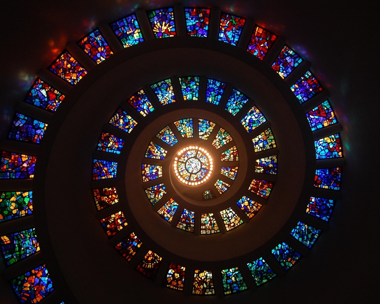 Image: Stained glass, colorful, dark background, curl, spiral