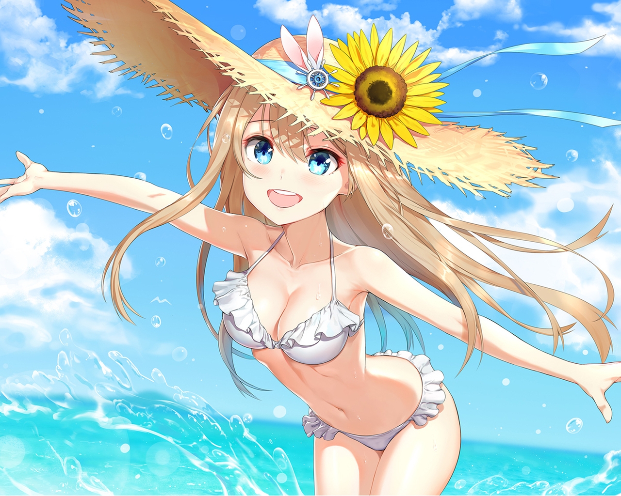 Image: Girl, blonde, blue eyes, swimsuit, hat, sunflower, drops, spray, water, sky, vacation