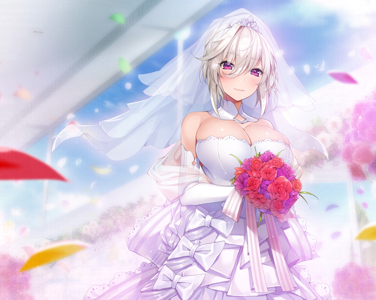 Картинка: Девушка, платье, свадьба, аниме, букет, цветы, листья, грудь
