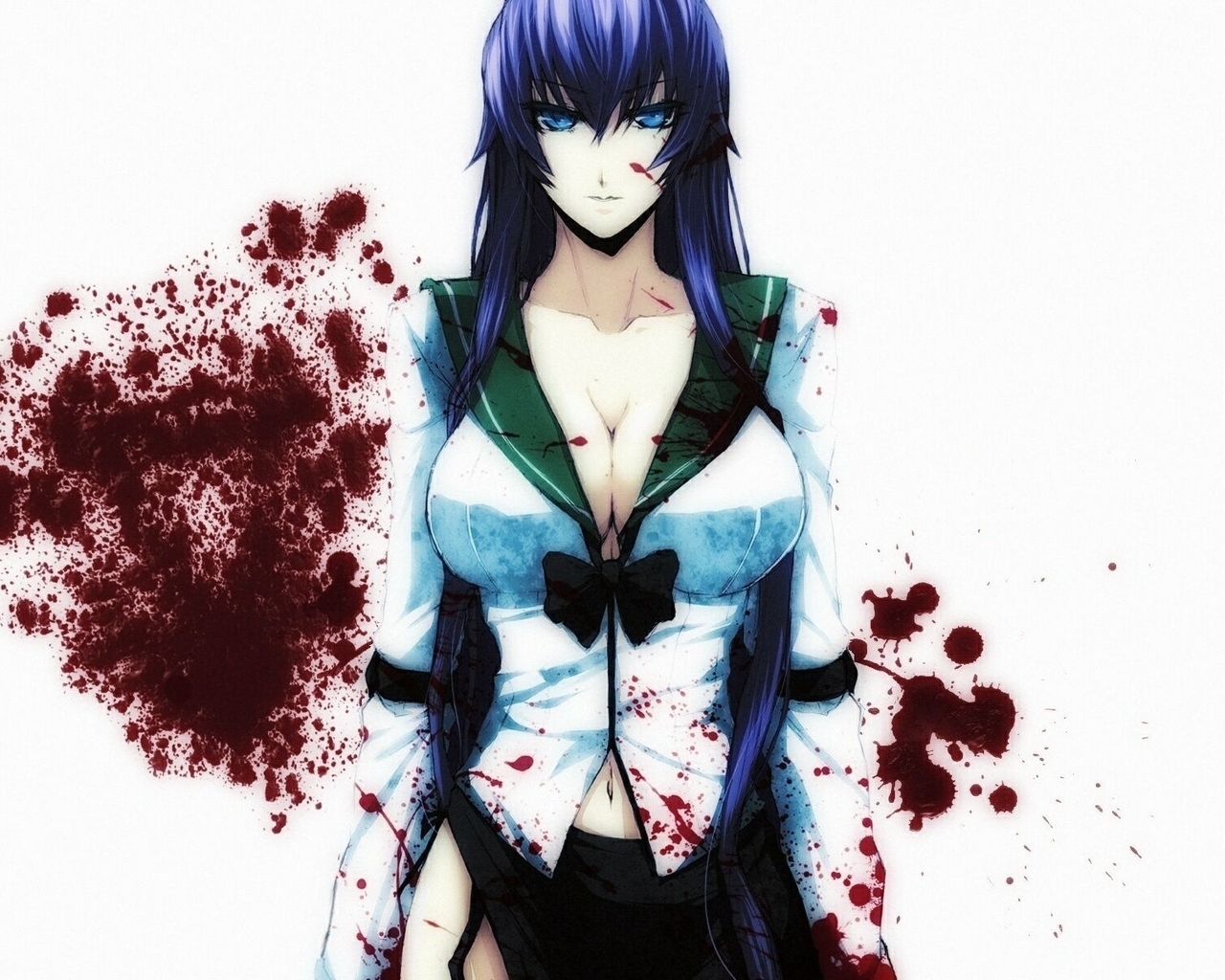 Image: Anime, girl, Saeko Busujima, Highschool of the dead, hair, shape, breasts, blood, spots, background