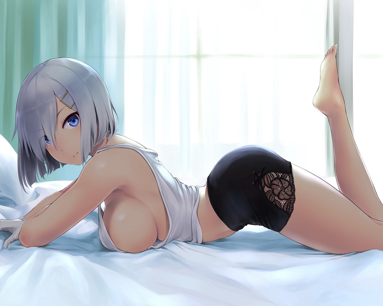 Image: Girl, look, lying, hair, figure, breasts, butt, shorts, t-shirt, bed, window, light