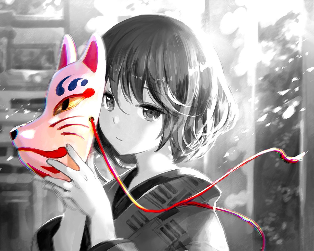 Image: Girl, anime, face, eyes, mask, fox