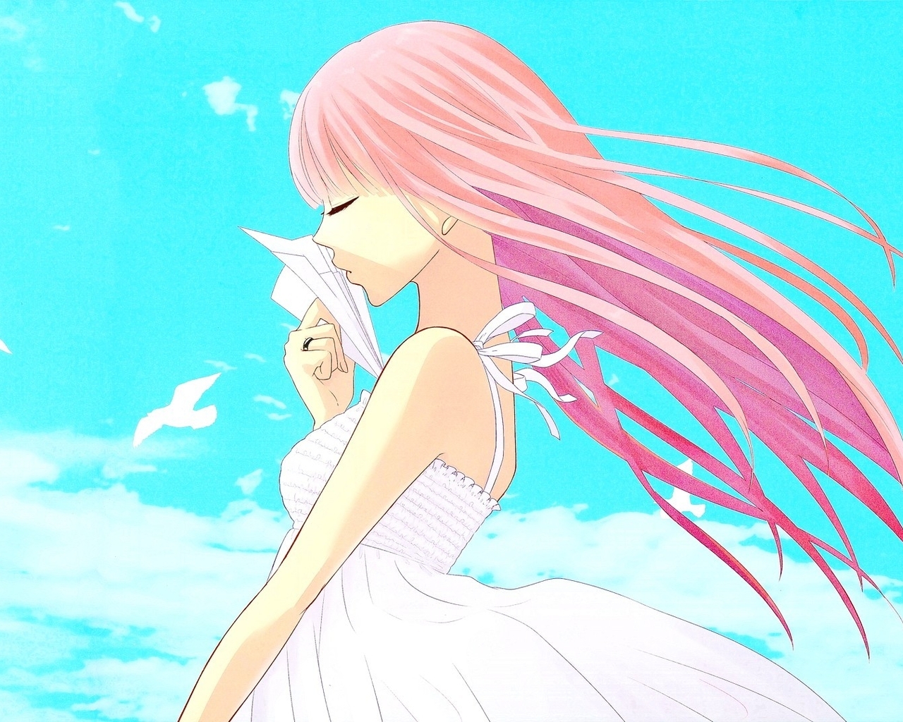 Картинка: Девушка, волосы, розовые, самолётик, небо, облака, птицы, платье, ветер