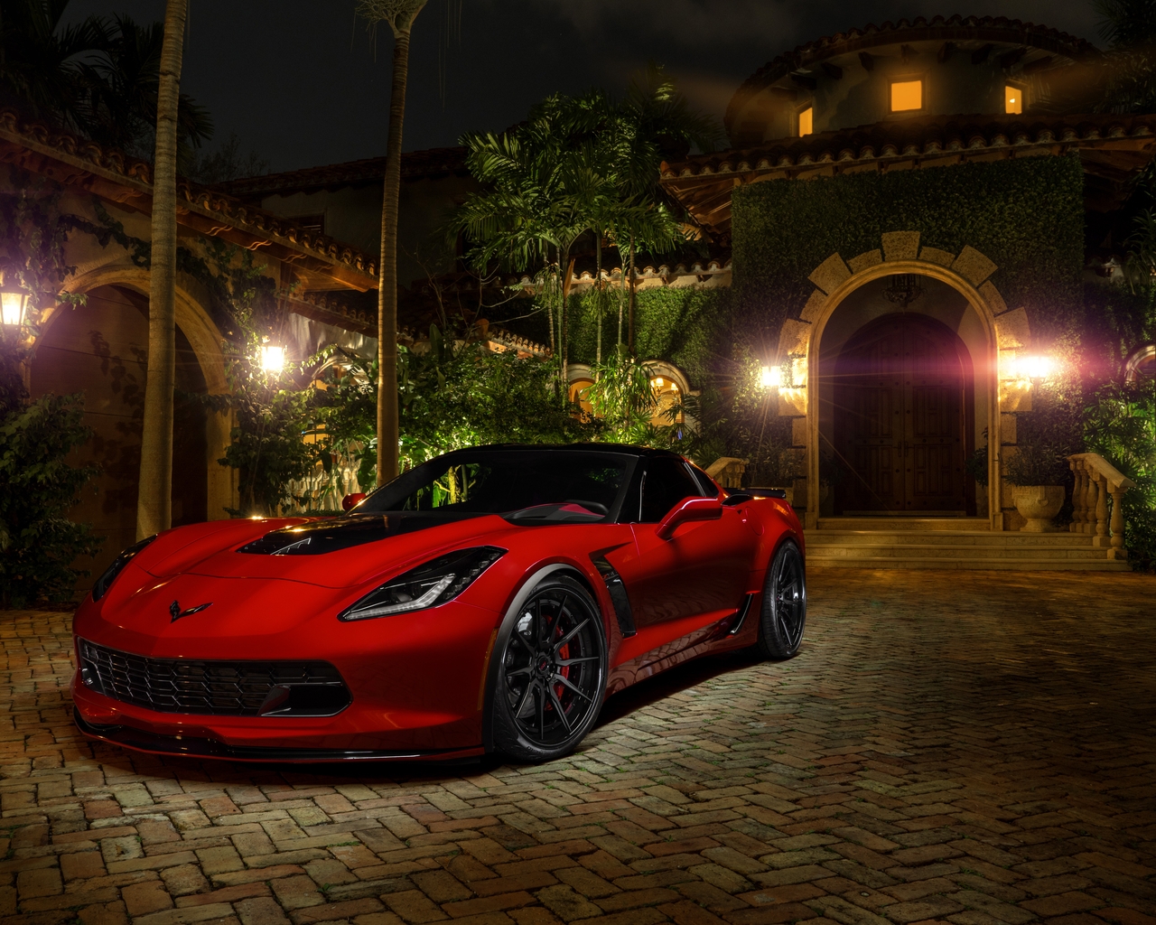Image: Chevrolet, Corvette, red, night, lights, building