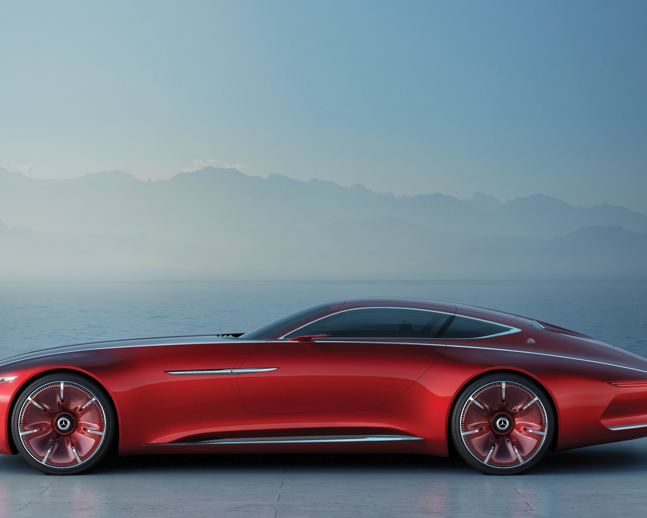Картинка: Vision, Mercedes-Maybach 6, Mercedes, концепт, электродвигатель, красный, туман, море, горы