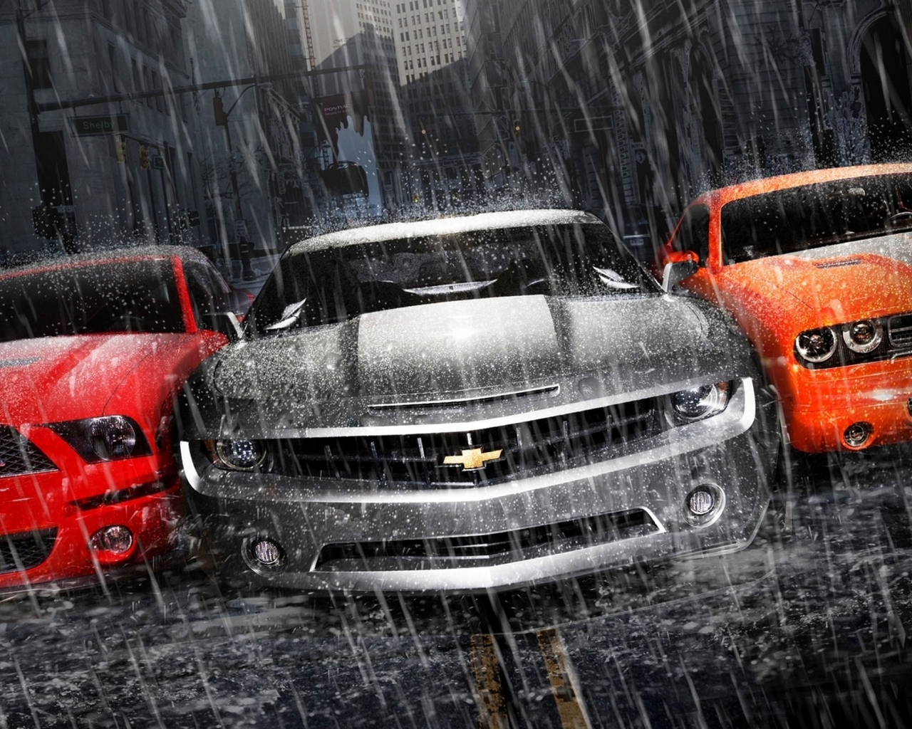 Image: Supercars, chevrolet camaro, dodge сhallenger, ford mustang, rain, rainstorm, road