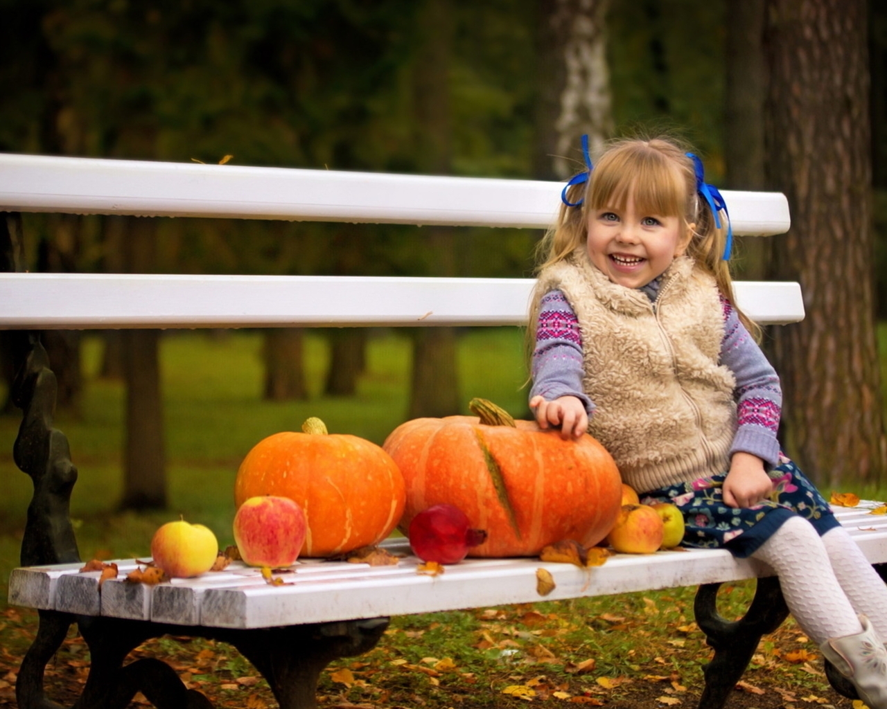 Image: Girl, smile, bench, pumpkins, park, autumn