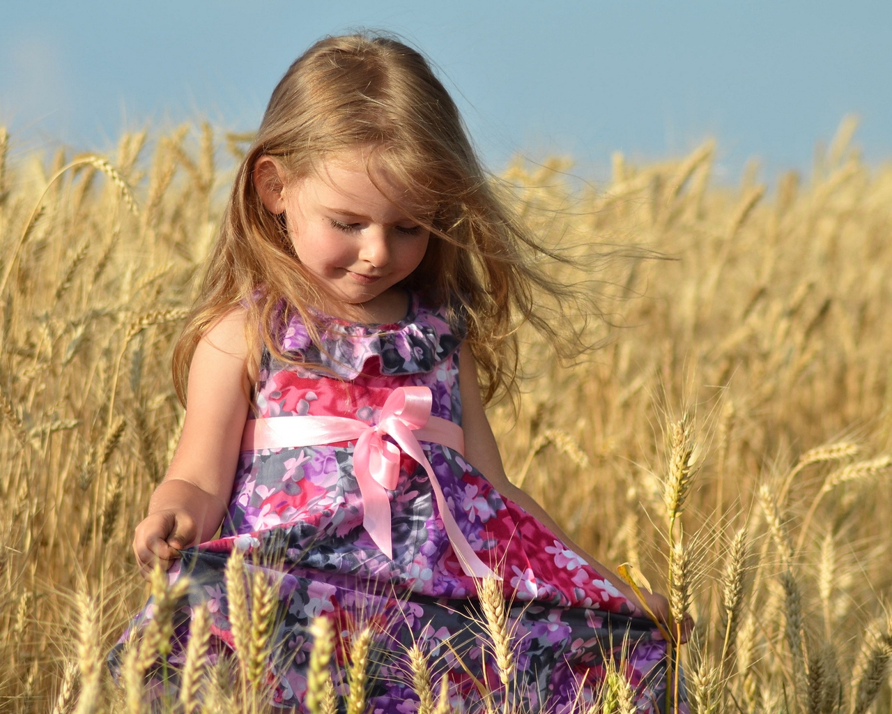 Image: Girl, dress, bow, wheat, ears, field