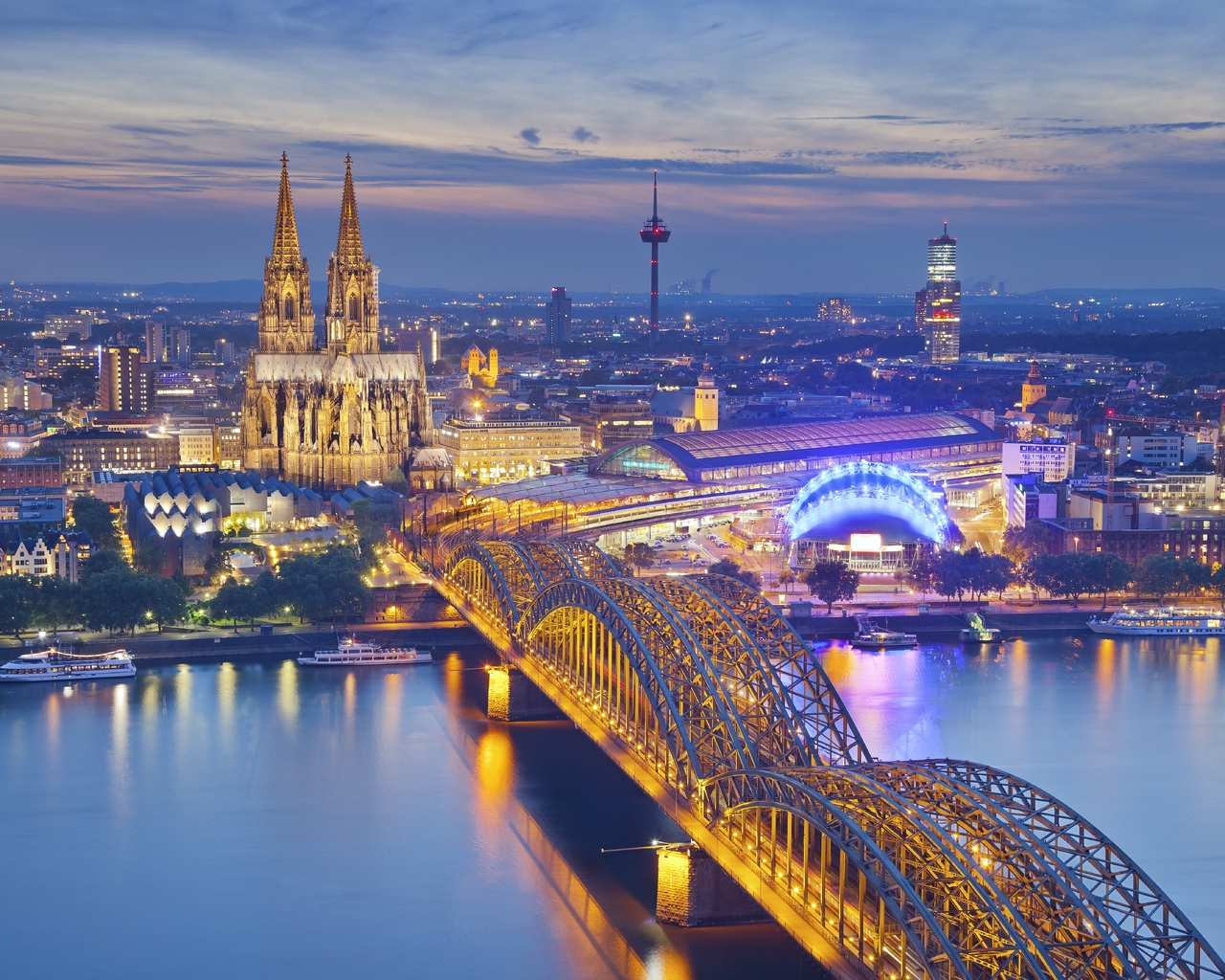 Картинка: Город, вечер, Кёльн, Германия, река, мост, вид