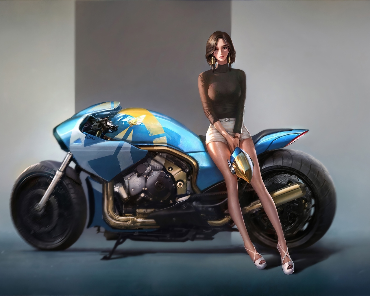 Image: Girl, Pharah, game, Overwatch, bike, background, art, legs, helmet, look