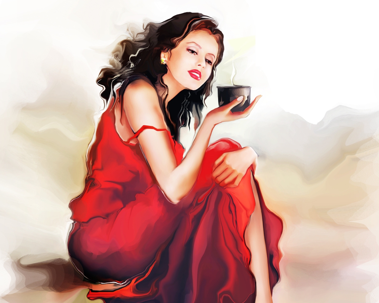 Image: Girl, sitting, art, drawing, dress, red, cup, holding, beverage, artist, Tatiana Nikitina, watercolor