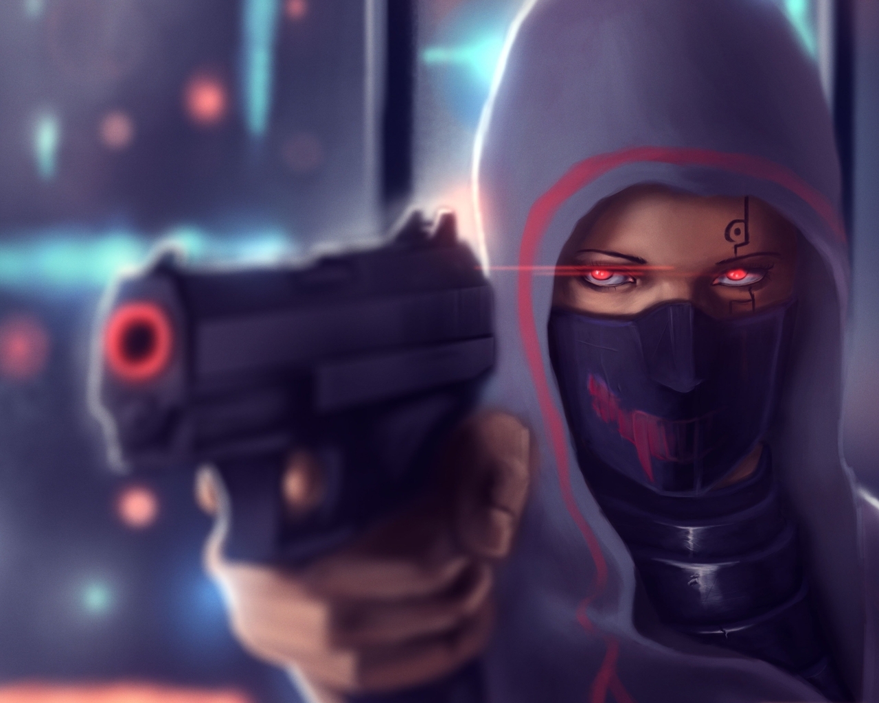 Image: Girl, holds, gun, aiming, eyes, mask, hood, tattoo