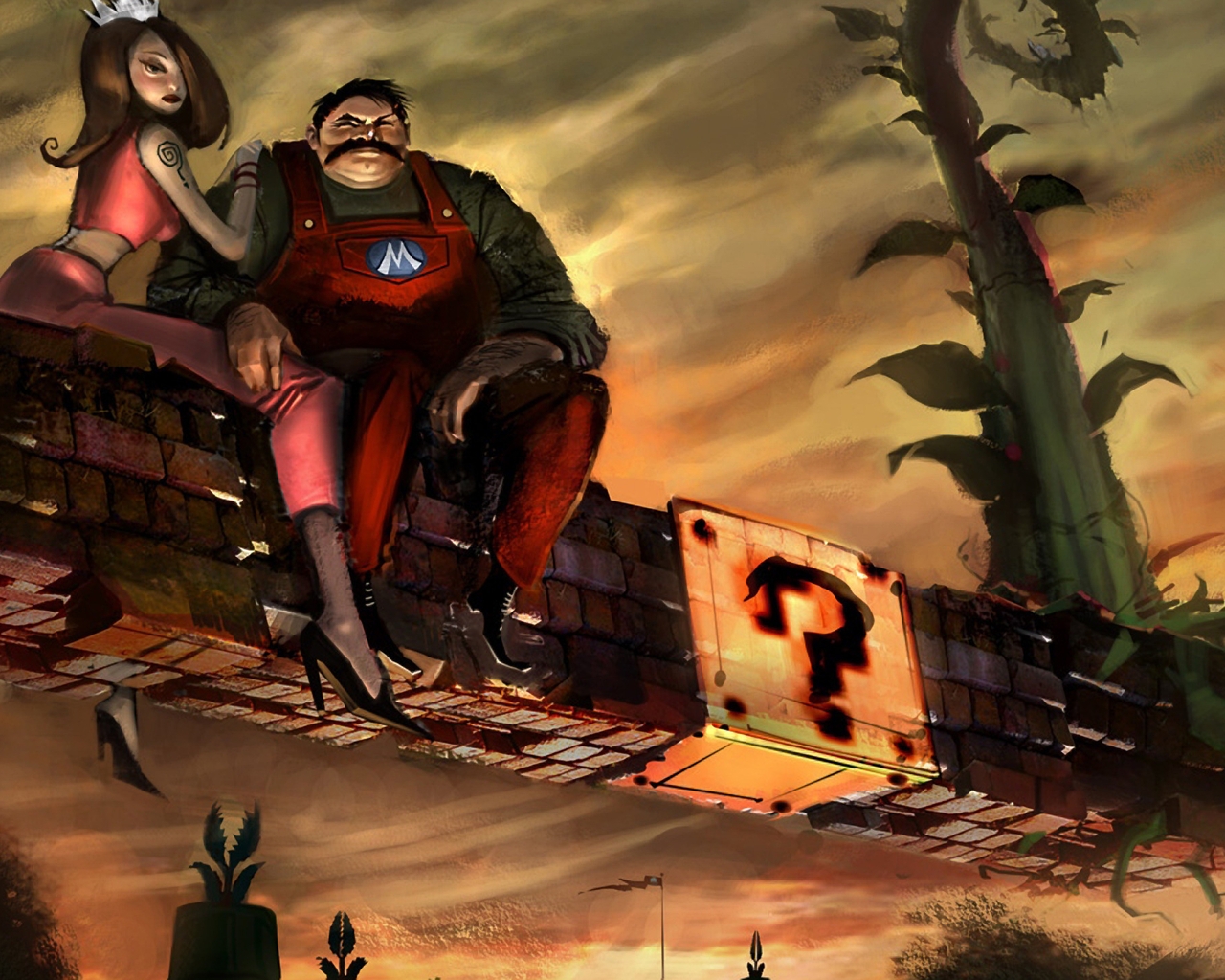 Image: Mario, Princess, mustache, bricks, hanging, plant, sky, art, play, sign, question