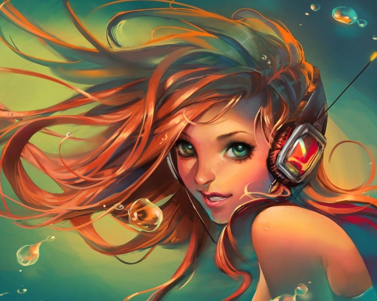 Картинка: Девушка, русалка, наушники, слушает, длинные волосы, вода, пузыри, рисунок