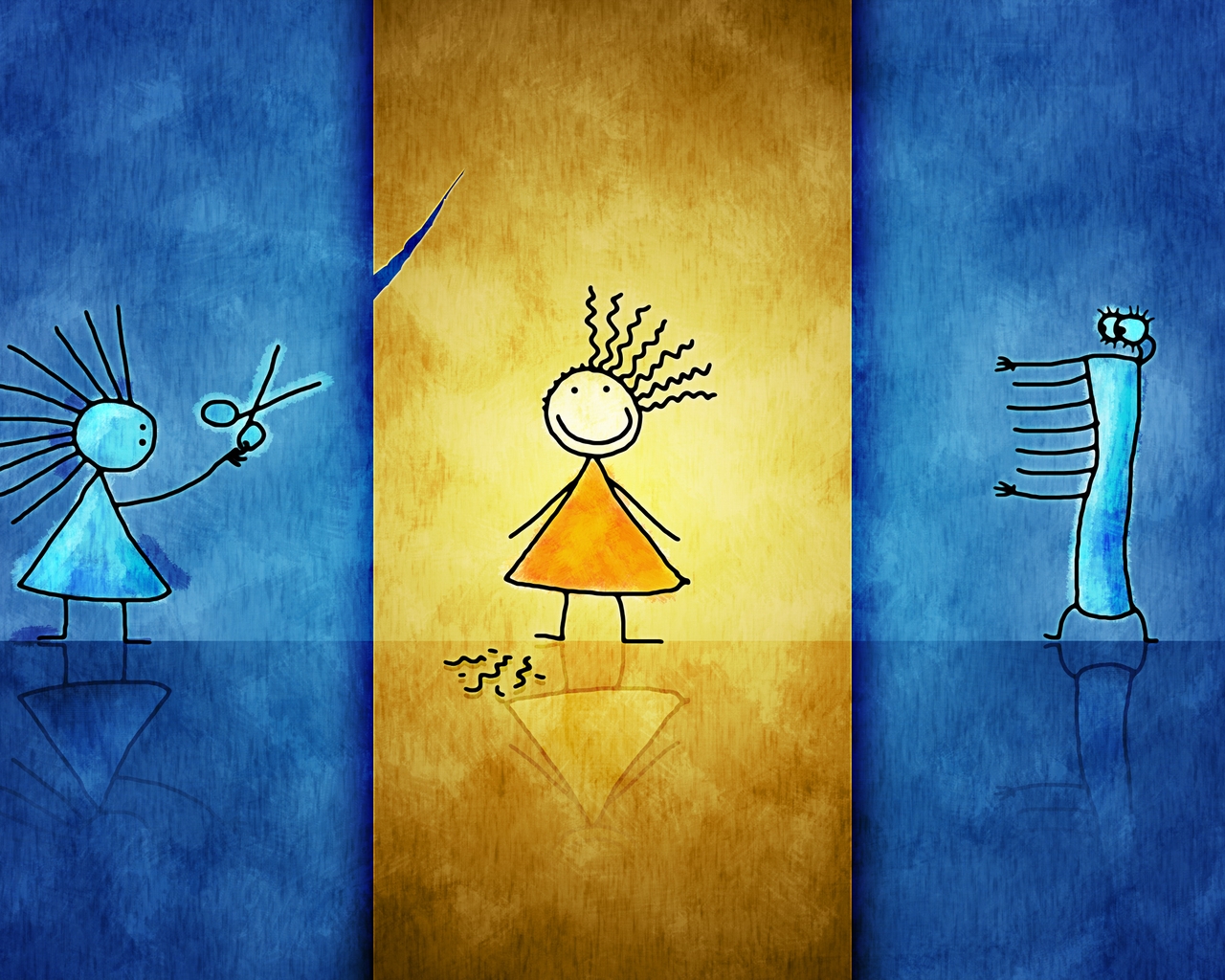 Картинка: Девочки, стрижка, ножницы, юбка, синий, жёлтый, лента, большеглазый