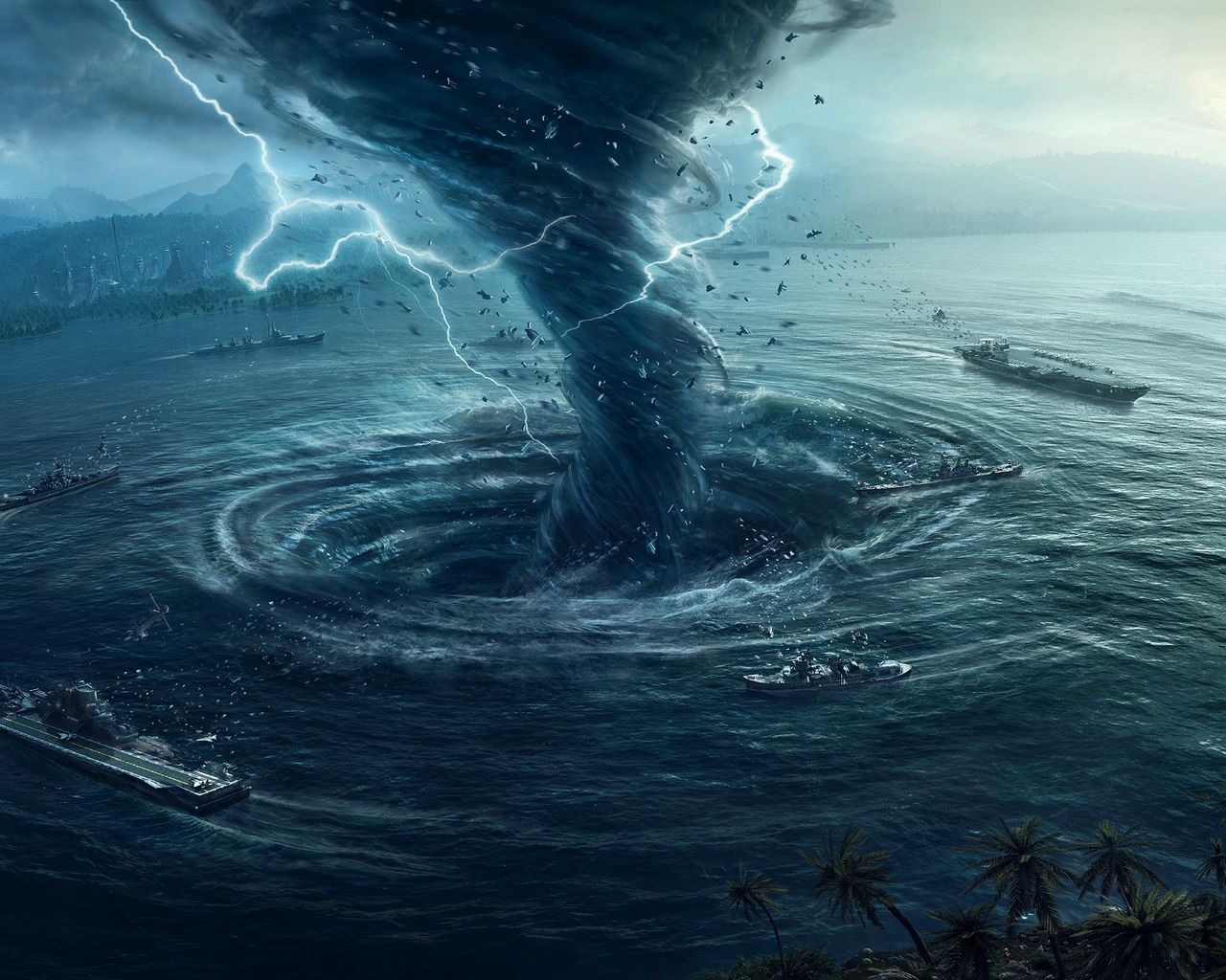 Image: Storm, tornado, funnel, lightning, ships, palm trees, water, sea, storm