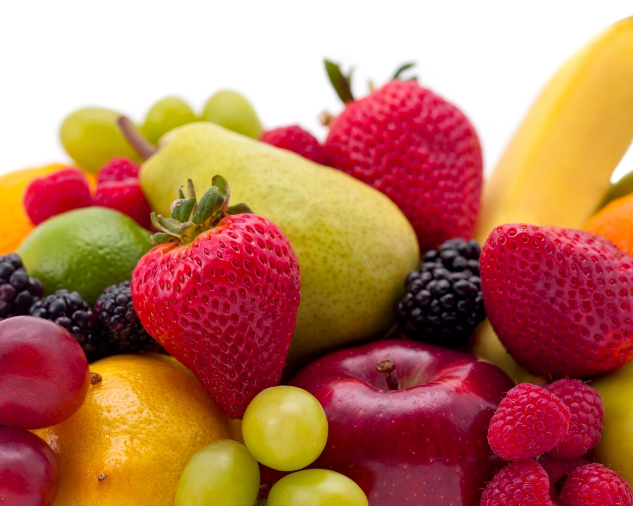 Картинка: Фрукты, ягода, клубника, малина, ежевика, груша, яблоко, виноград, банан, лимон, лайм, апельсин