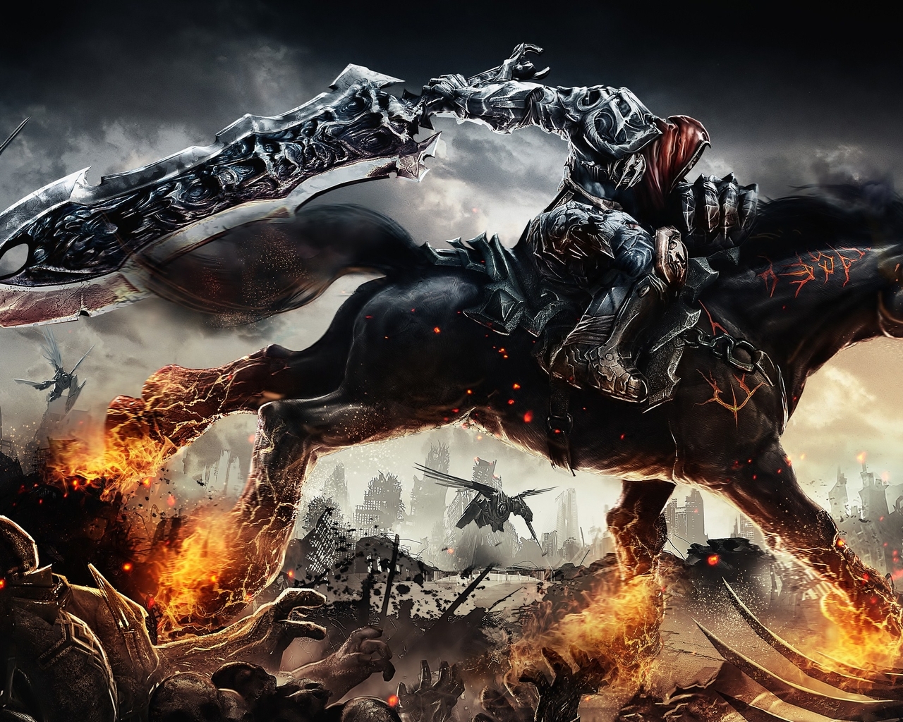 Image: Darksiders, War, horseman, apocalypse, sword, huge, horse, fire, field of battle