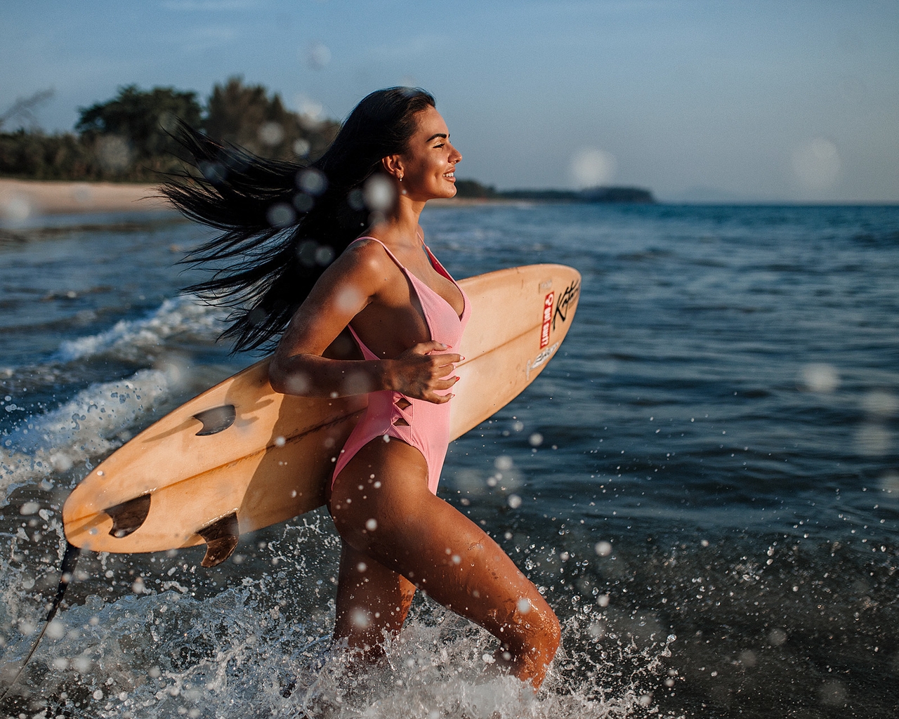 Image: Girl, sea, water, board, surfing, running, happy, brunette
