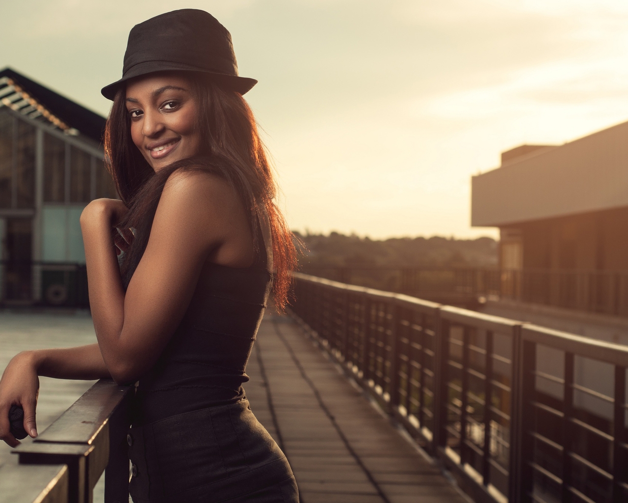 Image: Girl, black, smile, mood, hat, stands, bridge
