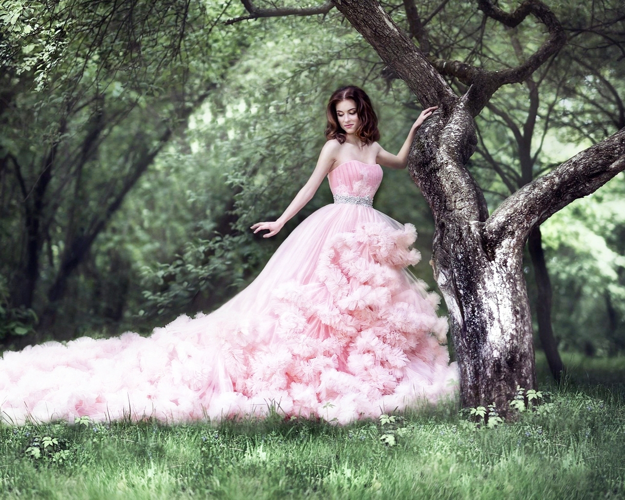Картинка: Девушка, розовое платье, шлейф, природа, трава, деревья, листва