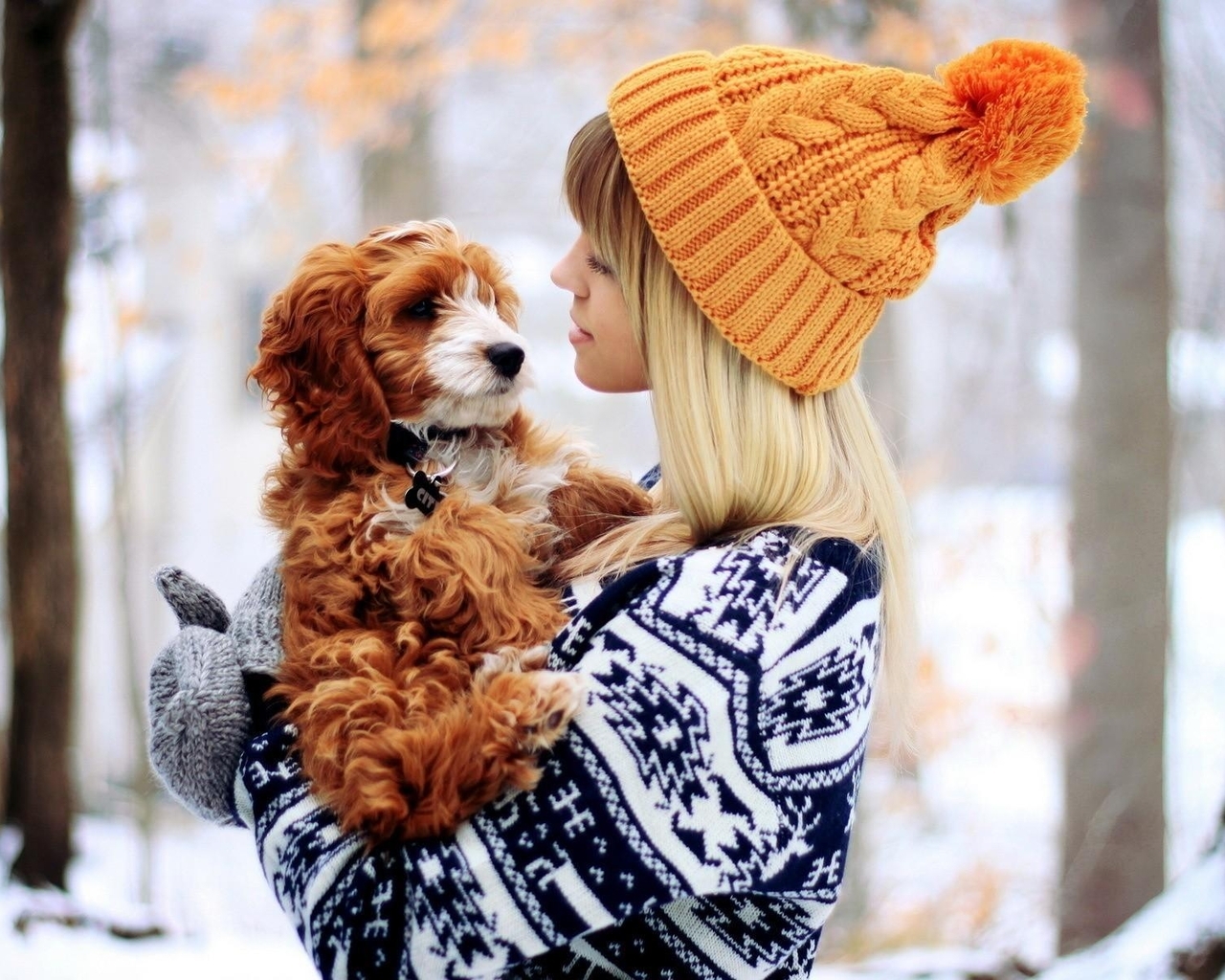 Картинка: Девушка, кофта, шапка, варежки, собака, друг, зима, снег, деревья, держит