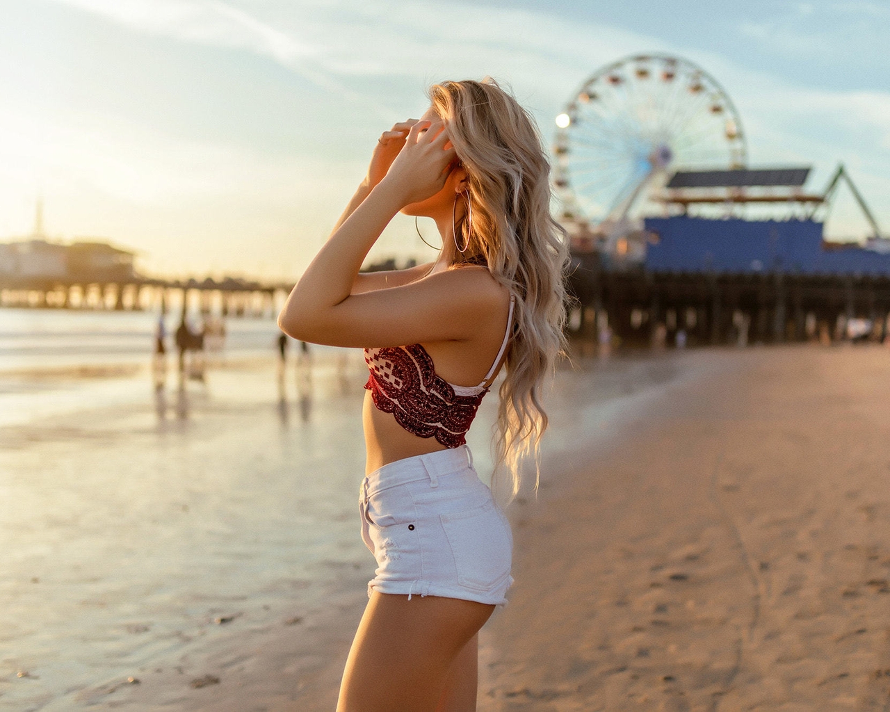 Image: girl, blonde, long hair, standing, watching, sand, beach, sunset