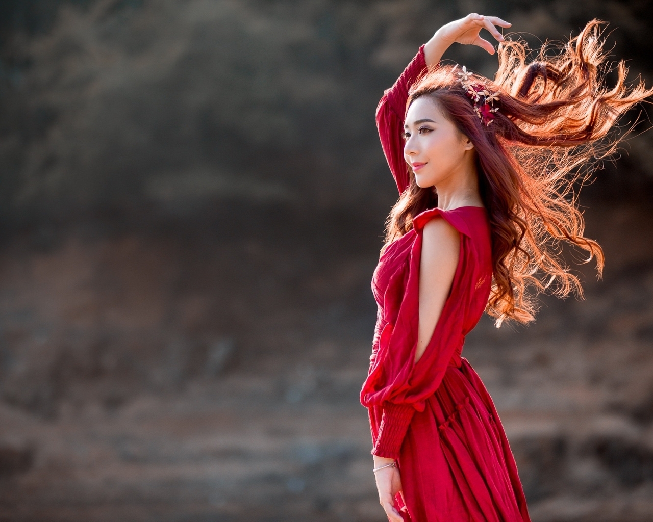 Image: Asian, model, girl, hair, dress, red, wind