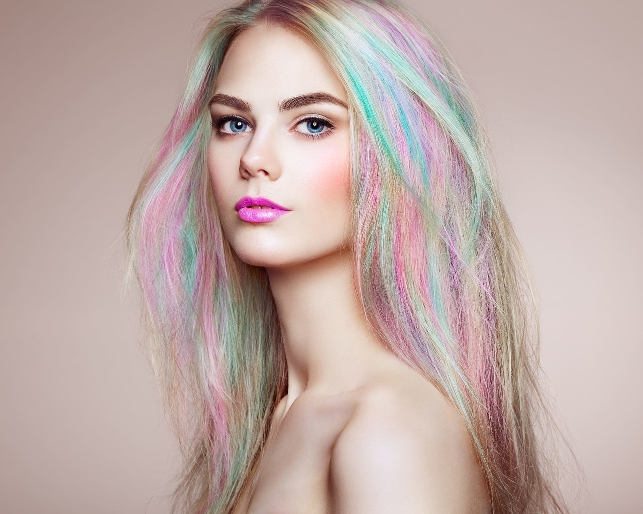 Image: Сolor, rainbow, hair, girl, blonde, face, eyes, makeup