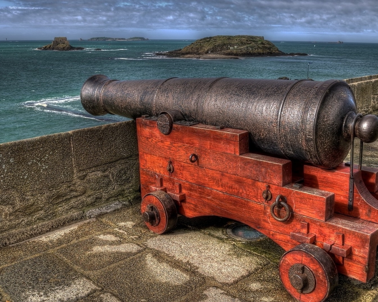 Image: Weapon, gun, sea, wall, sky, fortress, France, Saint-Malo