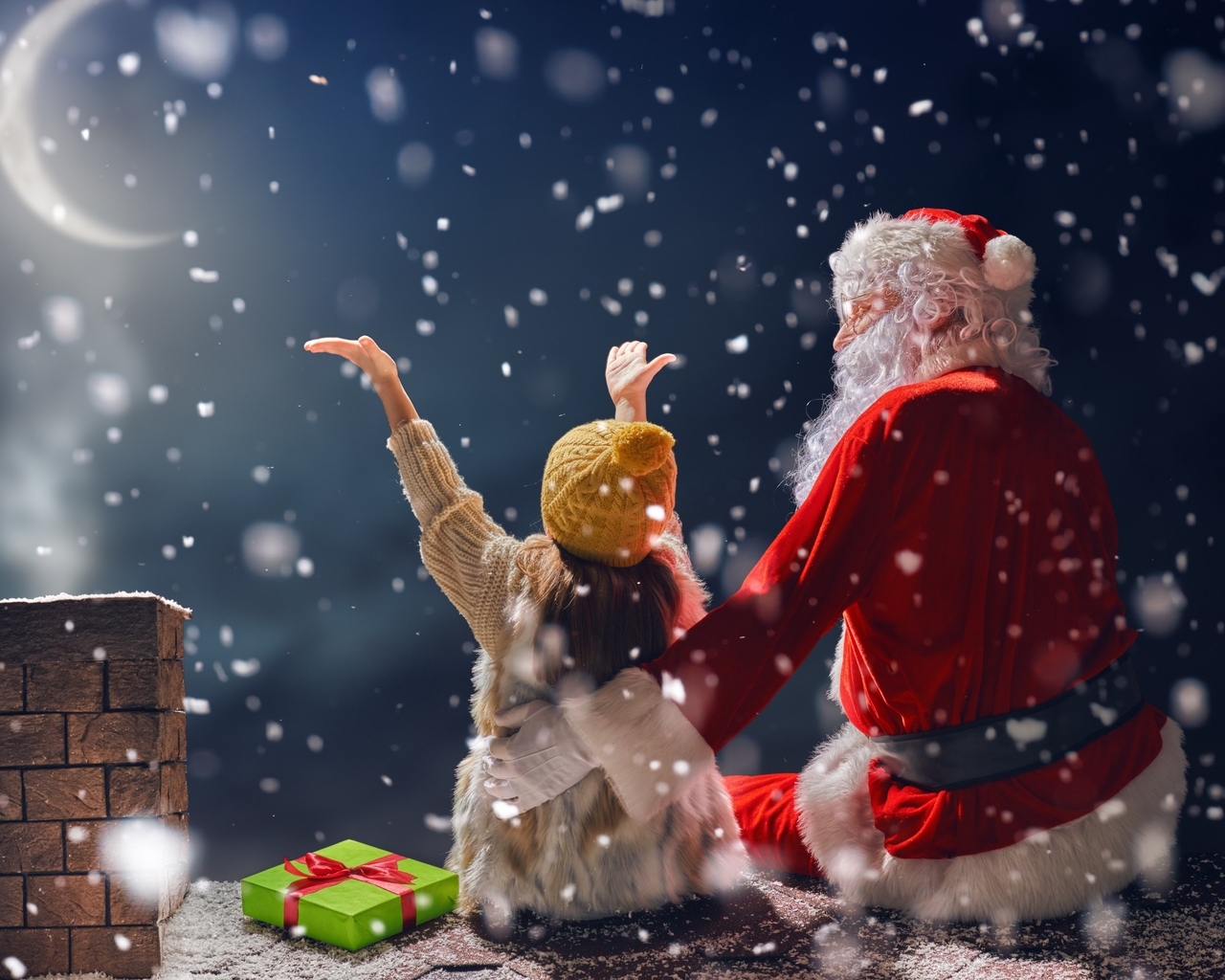 Картинка: Санта Клаус, девочка, подарок, Новый год, Рождество, труба, крыша