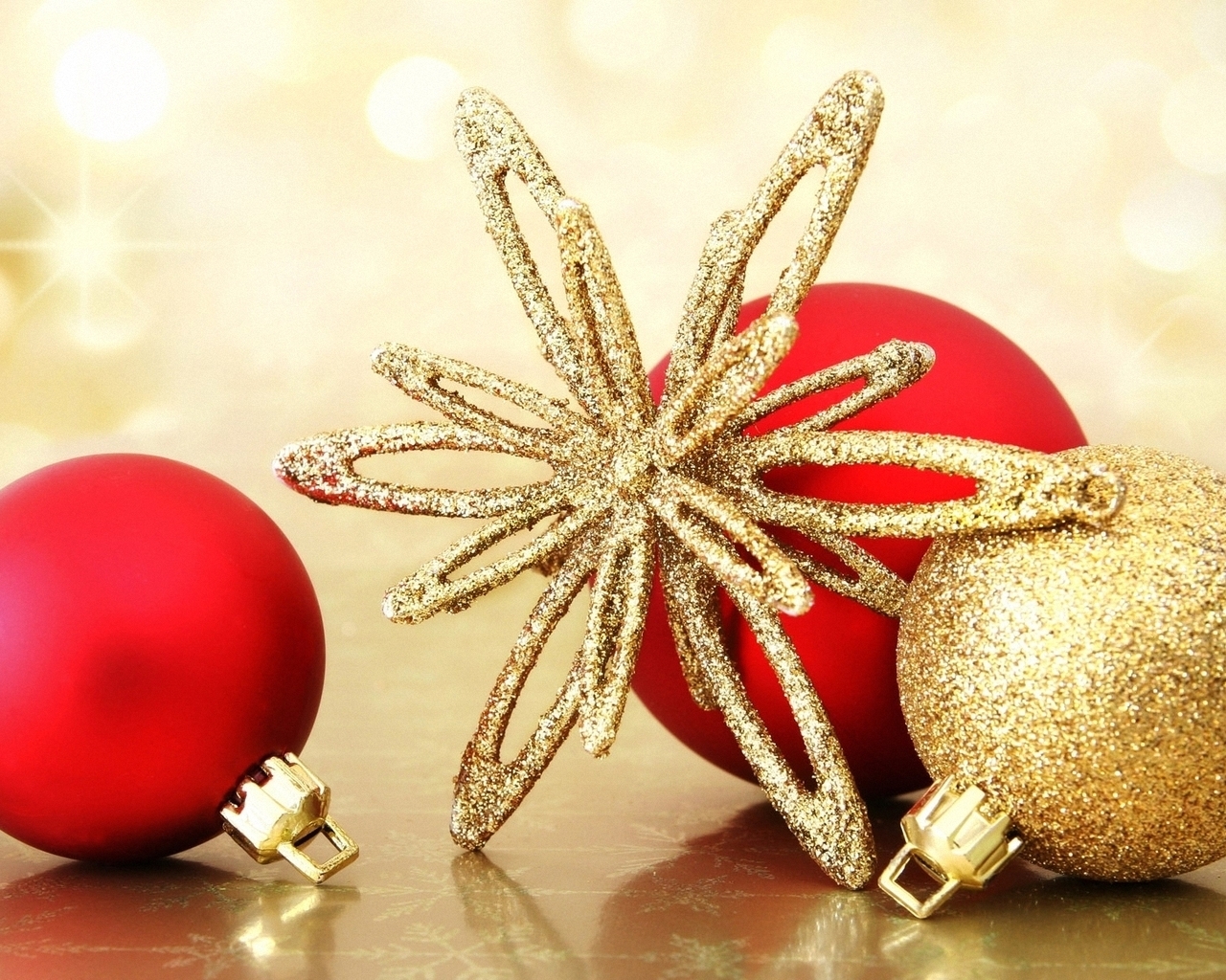 Картинка: Снежинка, шары, золотой, красный, праздник, новый год