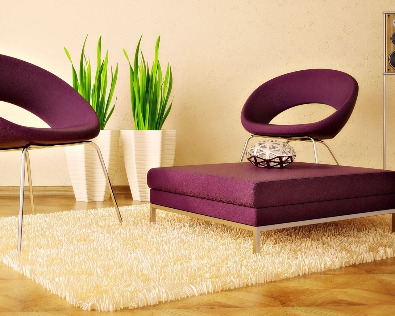 Image: Lounge, chair, puf, potted plants, rug, music column